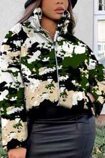 Green Fashion Casual Print Basic Mandarin Collar Outerwear
