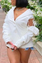 White Casual Solid Hollowed Out Turndown Collar Tops