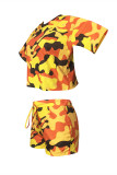 Blue Fashion Casual Camouflage Print Basic O Neck Short Sleeve Two Pieces