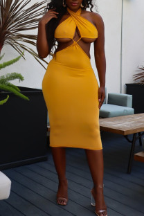 Yellow Fashion Sexy Solid Backless Halter Sleeveless Dress