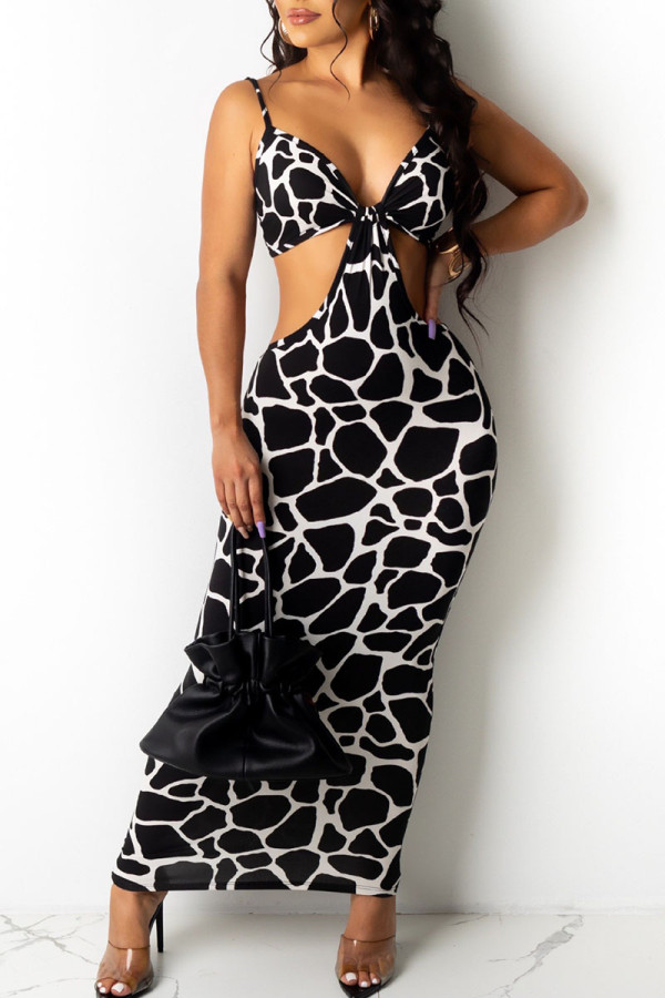Black And White Sexy Print Hollowed Out Patchwork Spaghetti Strap Dresses