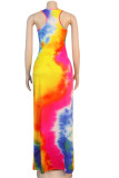 purple Sexy Tank Sleeveless O neck Slim Dress Ankle-Length Print Tie and dye Dresses