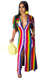 Blue Casual Fashion Cap Sleeve Half Sleeves Turndown Collar Straight Ankle-Length fastener Argy