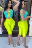 Blue Active Patchwork Solid contrast color bow-knot HOLLOWED OUT Straight Sleeveless Two Pieces
