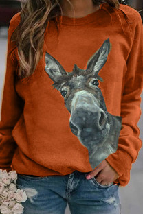 Orange Casual Street Spandex Knitting Print Pullovers Basic O Neck Tops
