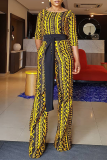 Yellow Casual Print Patchwork O Neck Straight Jumpsuits