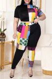 Black Fashion Casual Print Basic Half A Turtleneck Plus Size Two Pieces