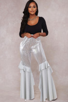 White Elastic Fly Mid Sequin Solid Loose Pants