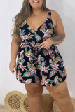 Black Casual Print Bandage Patchwork V Neck Plus Size Jumpsuits