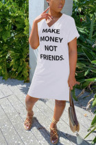 White Fashion Casual White Black Sleeve Short Sleeves V Neck Straight Knee-Length Print Dresses