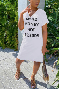 White Fashion Casual White Black Sleeve Short Sleeves V Neck Straight Knee-Length Print Dresses