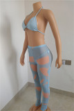 Light Blue Fashion Sexy Print Bandage See-through Backless Sleeveless Three-piece Set