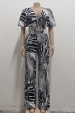 Black And White Sexy Print Patchwork V Neck Short Sleeve Two Pieces