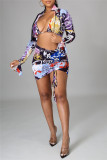 Blue Fashion Sexy Print Draw String Long Sleeve Four-piece Set