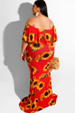 Red Fashion Sexy adult One word collar Print Floral Floral