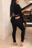 Red Fashion Sexy Solid Hollowed Out Turtleneck Long Sleeve Two Pieces