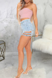 Baby Blue Fashion Casual Solid Hollowed Out Patchwork High Waist Regular Jeans