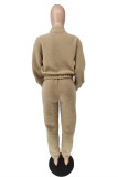 Brown Fashion Casual Solid Basic Zipper Collar Long Sleeve Two Pieces