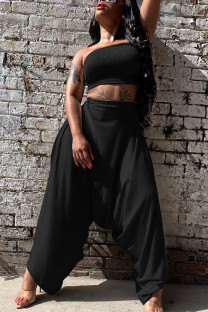 Black Fashion Sexy adult Ma'am Solid Two Piece Suits Harlan pants Sleeveless Two Pieces
