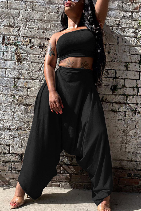 Black Fashion Sexy adult Ma'am Solid Two Piece Suits Harlan pants Sleeveless Two Pieces