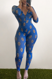 Gray White Casual Print Patchwork V Neck Skinny Jumpsuits