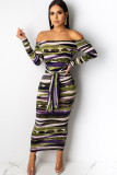 Orange OL Cap Sleeve Long Sleeves One word collar Hip skirt Ankle-Length Striped Club Dresses
