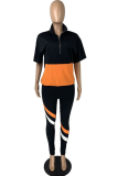 Grey Sportswear Color Block Patchwork Zipper Collar Short Sleeve Two Pieces