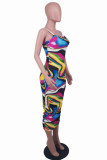 Multicolor Fashion Sexy Print Backless Spaghetti Strap Sleeveless Dress