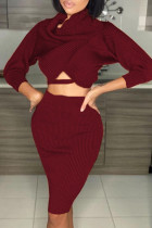 Wine Red Sexy Solid Patchwork Bateau Neck Long Sleeve Two Pieces