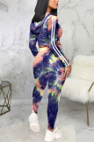 Rose Red Sexy Print Tie-dye Hooded Collar Long Sleeve Two Pieces