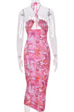 Red Sexy Print Hollowed Out Patchwork Frenulum Backless Fold Halter Pencil Skirt Dresses