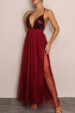 Black Sexy Patchwork Sequins Backless Spaghetti Strap Long Dress