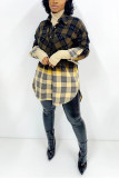 Red Fashion Casual Plaid Print Cardigan Turndown Collar Outerwear