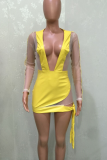 Yellow Sexy Solid Mesh V Neck Irregular Dress Dresses