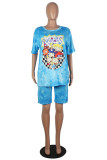 Yellow Casual Print Patchwork O Neck Short Sleeve Two Pieces