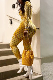 Yellow Fashion Casual Print Ripped Turtleneck Long Sleeve Two Pieces