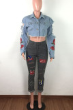Grey Street Print Embroidered Patchwork Mid Waist Regular Denim (Without Belt)