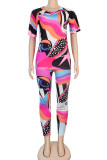 colour venetian Fashion Casual adult Ma'am Print Two Piece Suits pencil Short Sleeve Two Pieces