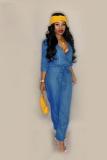 Blue Fashion Sexy bandage Asymmetrical Solid The cowboy Long Sleeve V Neck Jumpsuits