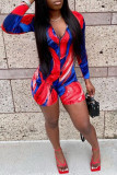 Red Fashion Casual Print Basic Zipper Collar Skinny Romper