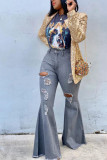 Grey Fashion Casual Solid Ripped Mid Waist Boot Cut Jeans