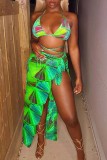 Orange Sexy Print Backless Swimwears Three-piece Set
