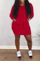 Red Street Solid Draw String Hooded Collar Wrapped Skirt Dresses
