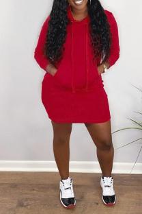 Red Street Solid Draw String Hooded Collar Wrapped Skirt Dresses