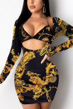 Black British Style Print U Neck Pencil Skirt Dresses