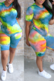Fluorescent Green Casual Patchwork Tie-dye O Neck Short Sleeve Two Pieces