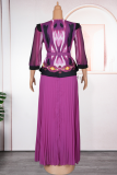 Purple Elegant Print With Belt Pleated V Neck Plus Size Two Pieces