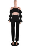 Black Fashion Sexy backless Patchwork ruffle Solid Straight Two-piece Pants Set