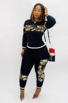 Black Fashion adult Active Camouflage Print Two Piece Suits Patchwork pencil Long Sleeve Two-pi