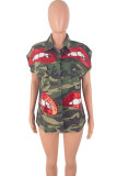 Green Denim Street Fashion Ma'am adult Turndown Collar Sequin Camouflage Sequined Pattern Plus Size overc